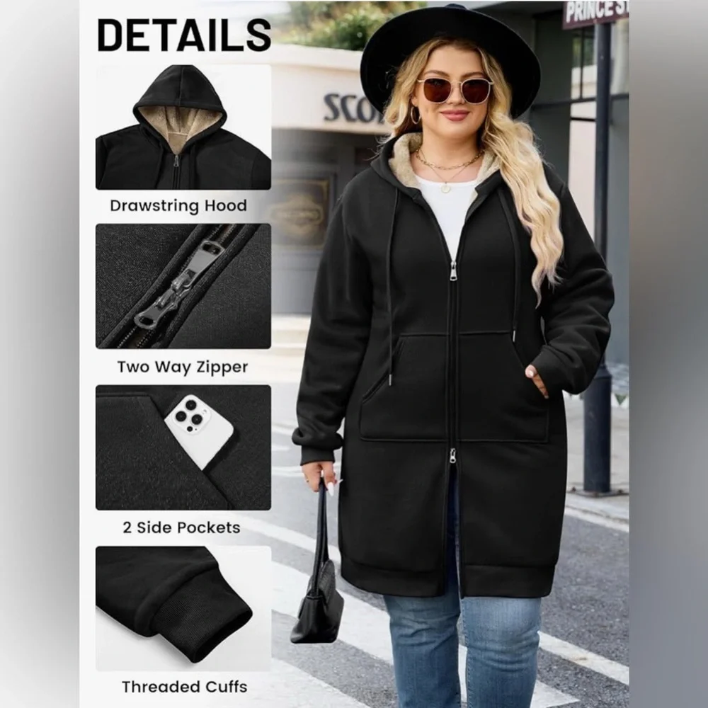 Plus Size Black, Zip up Long Jacket/Coat. Winter Hooded Outer wear Size XXL - Picture 2 of 8